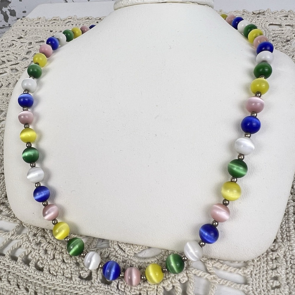 Vtg 90's Rainbow Moon Glow Cats Eye Beaded Choker Necklace .925 Sterling Silver
